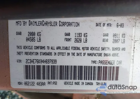 2004 Chrysler 300M Special from USA, damaged, VIN 2C3HE76K04H697939